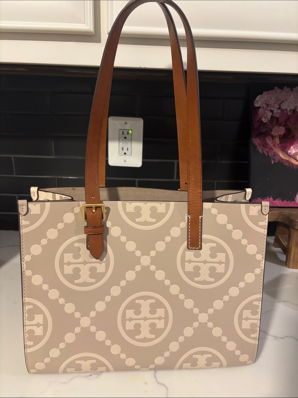 Tory Burch Beige Logo Pattern Leather-Trim Tote with Tan Straps - Picture 3 of 3